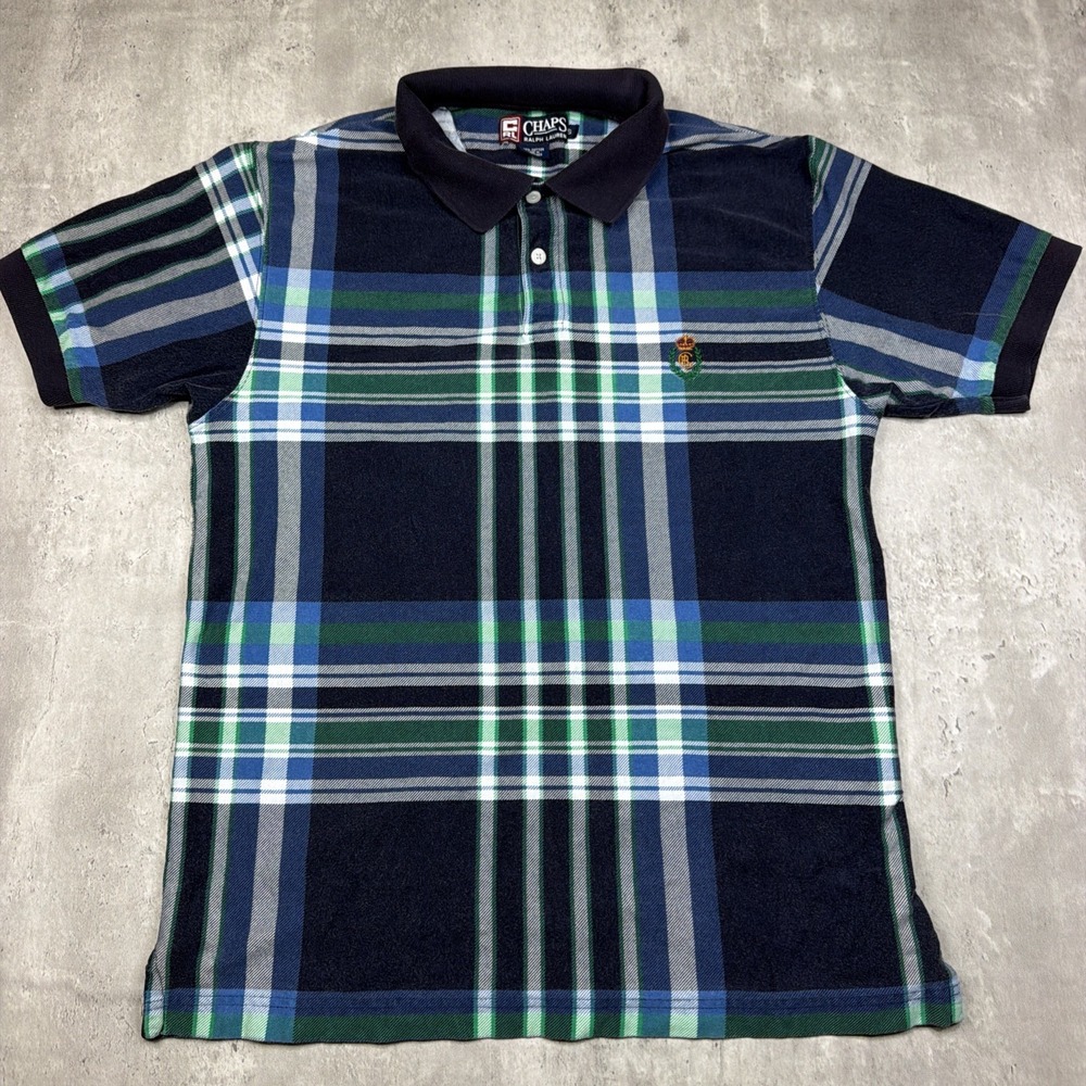 Vintage Ralph Lauren Chaps Polo Shirt Mens S Green Blue Plaid 90s Short Sleeve